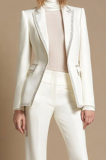 2 Piece Sparkly White Peak Lapel Prom Suits with Beading